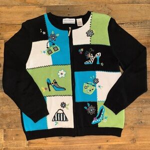 Alfred Dunner Black, Teal & Lime Patchwork Embroidered Zip Cardigan